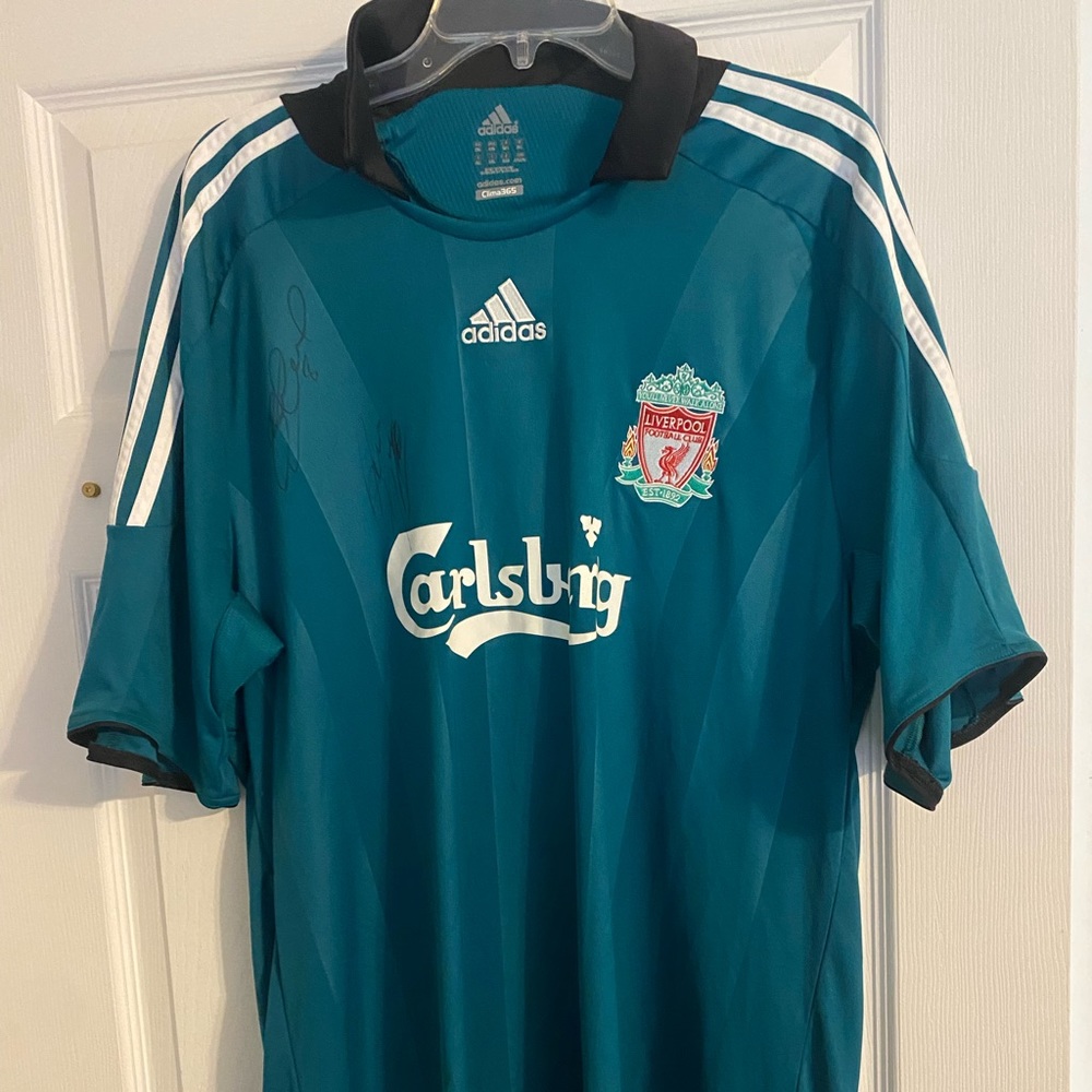 Green Stephen Gerrard Liverpool FC Jersey Autographed by Gerrard and Downing